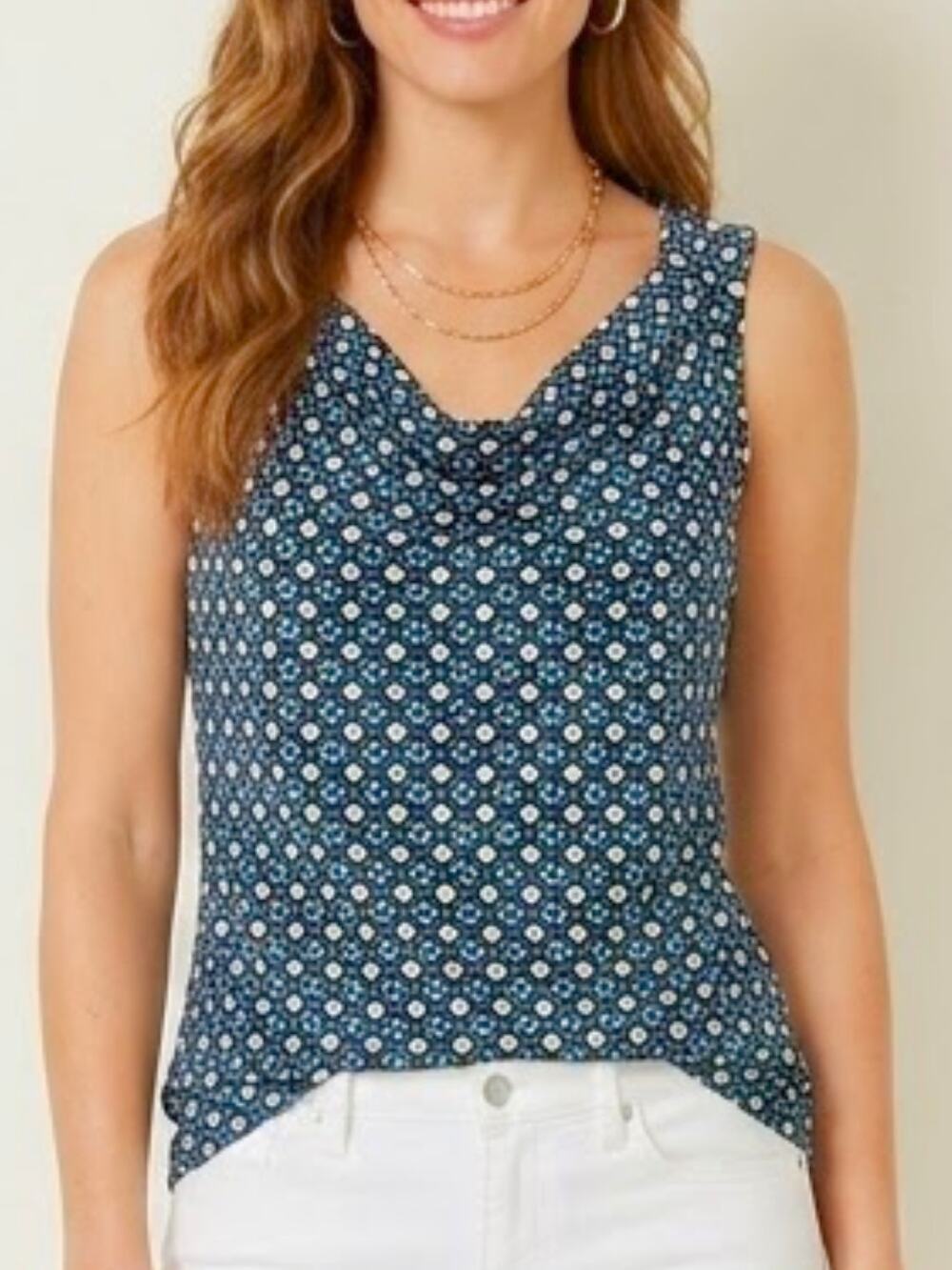 WHITE HOUSE BLACK MARKET Blue Geometric Drape Neck Sleeveless Blouse S
